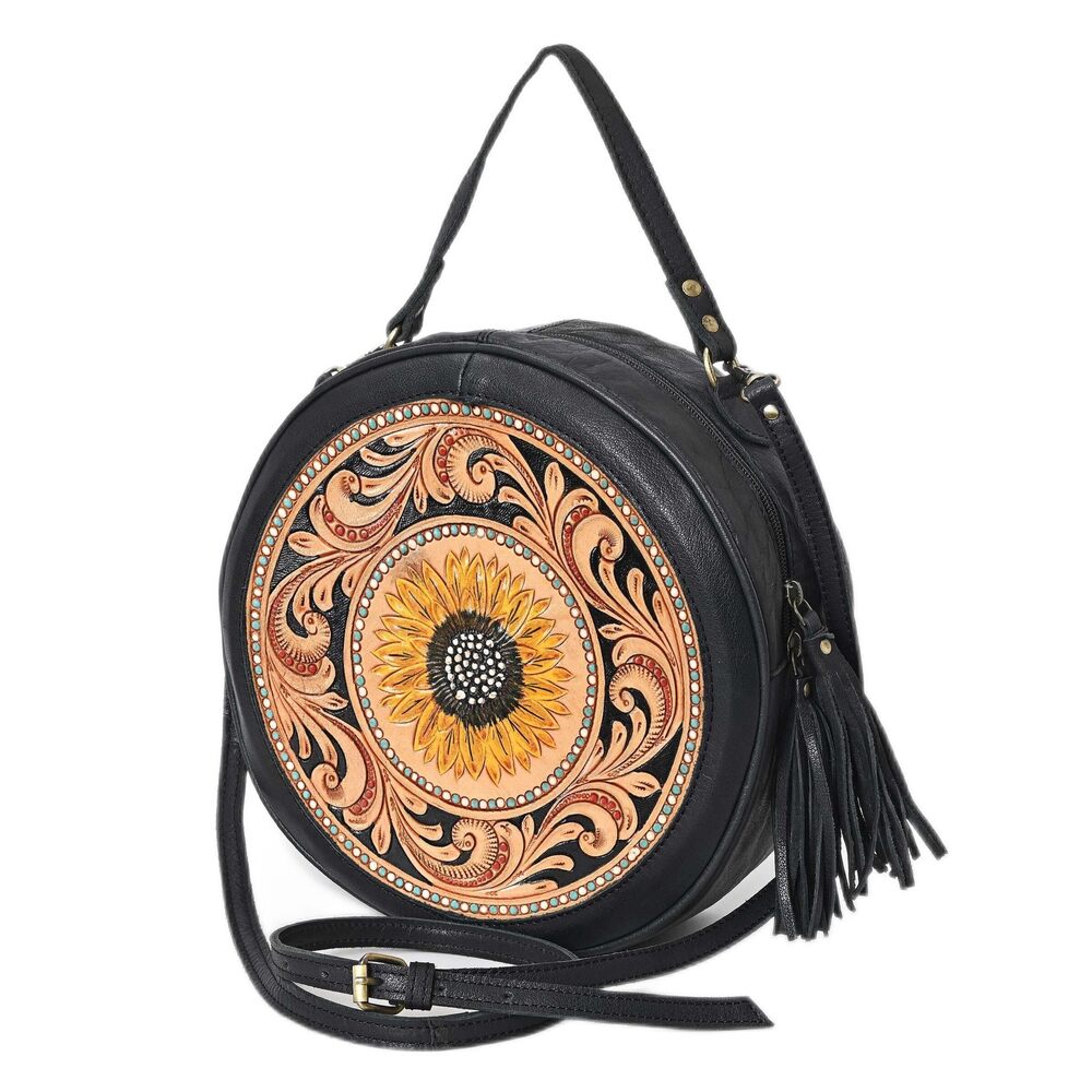 3264 western Handtooled Cowhide Hairon Canteen Crossbody bag